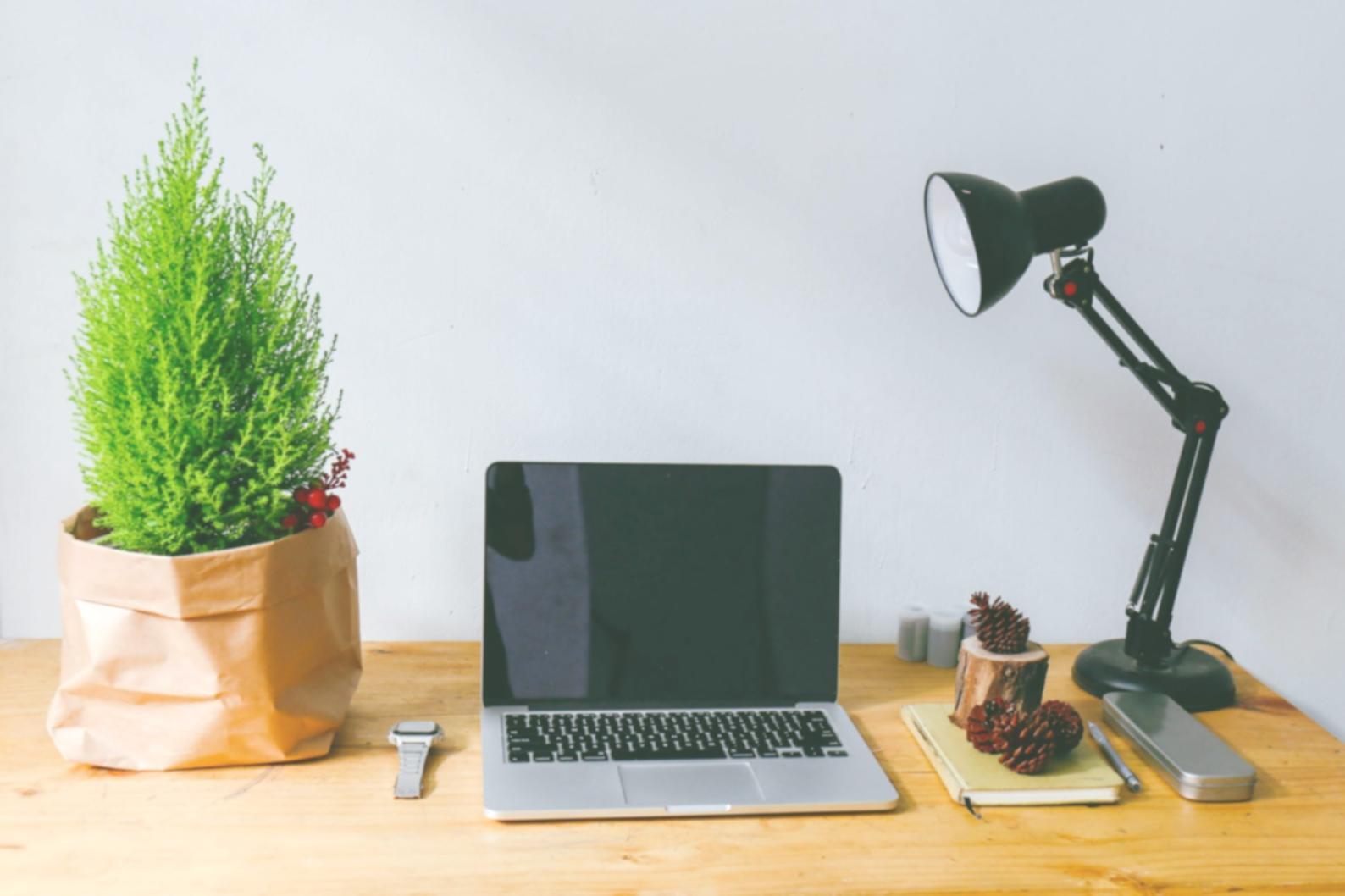 Financial analysis workspace with reports and laptop